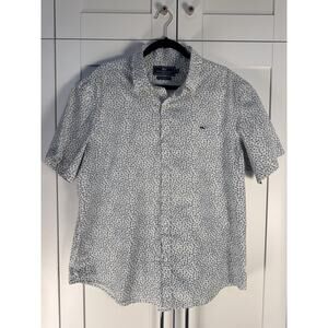 Vineyard Vines Shirt Mens XL Blue Fish Print Slim Fit Short Sleeve Button Up